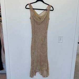 ECI New York 100% Silk Vintage Y2K Beaded Floral Tan Dress - Size 6